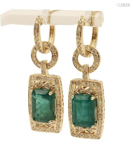 PR OF 14K EMERALD & DIAMOND EARRINGS