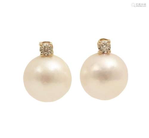 PR. OF 18K -12MM PEARL EARRINGS W/ DIA. ACCENT