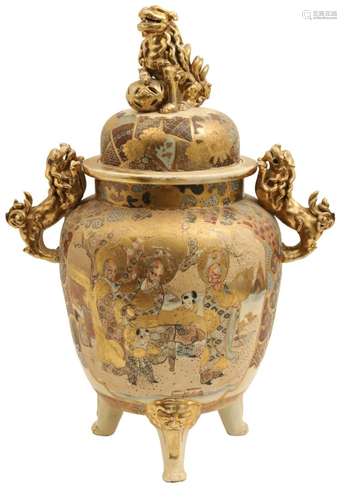 ANTIQUE SATSUMA TEMPLE JAR W/ FOO DOG MOUNTS