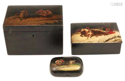 3 RUSSIAN LACQUER TROIKA SCENE BOXES