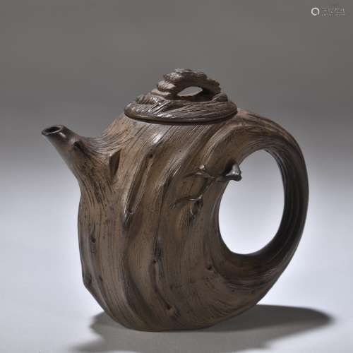 石楳款老紫砂树桩形茶壶