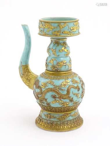 A Chinese wine ewer with funnel cover, the turquoi…