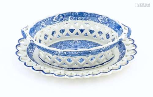 A Spode blue and white twin handled chestnut baske…