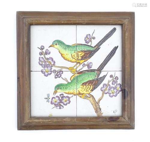 Four hand painted tiles framed together depicting …