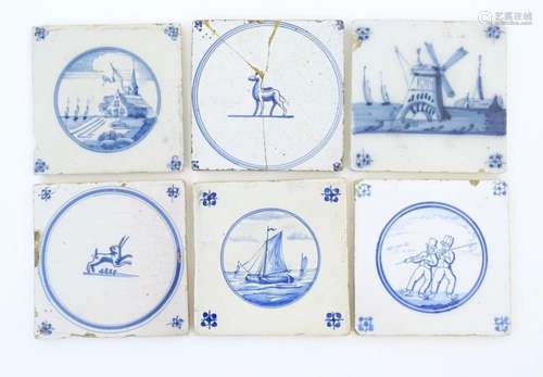 Six blue and white Delft tiles, decoration to incl…