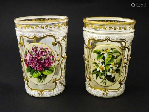 Two 19thC Bohemian glass beakers with white overla…