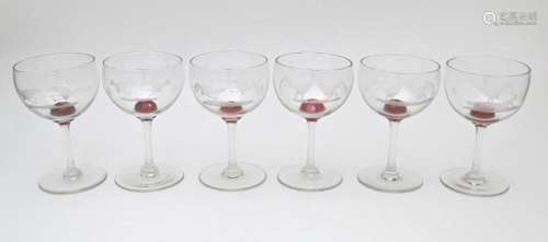 Six 19thC wine glasses, each decorated with cockfi…