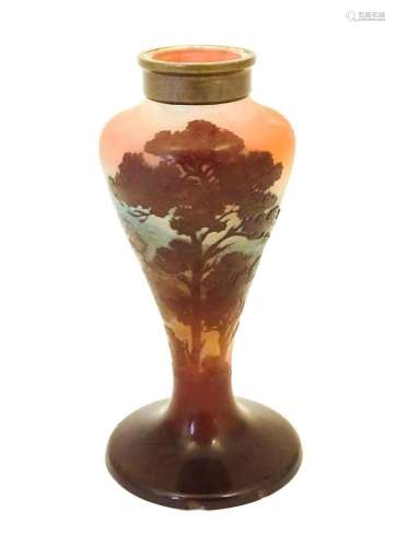 A Galle glass vase with tree and landscape decorat…