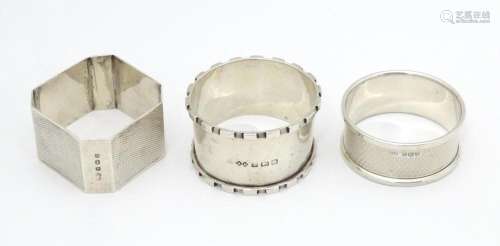 Three various Art Deco silver napkin rings to incl…