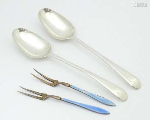 Two silver spoons indistinctly marked. Together wi…