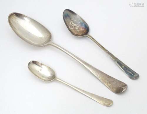 Three 18thC silver tablespoons to include a fancy …