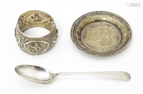 An Egyptian silver pin dish together with a silver…