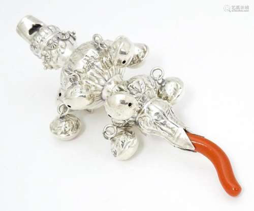 A .925 silver baby's rattle with ten bells and cor…