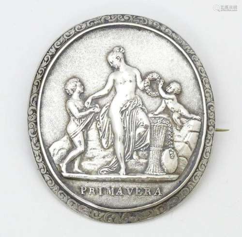 A white metal brooch with Classical scene titled P…