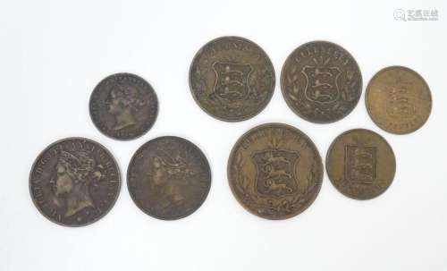 Coins: Eight 19thC Channel Island coins to include…