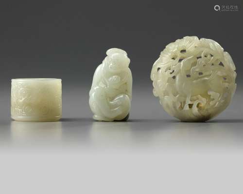 A GROUP OF THREE CHINESE WHITE JADE CARVINGS, 19TH-20TH CENT...