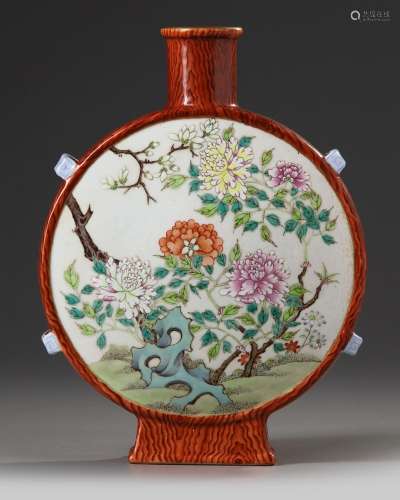 A CHINESE FAMILLE ROSE FAUX-BOIS MOON FLASK, REPUBLIC PERIOD...