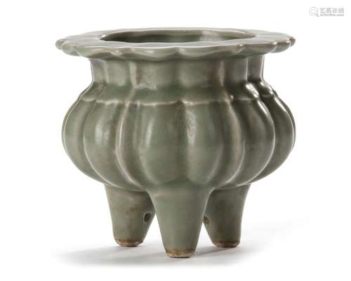 A CHINESE LOBED LONGQUAN TRIPOD CENSER