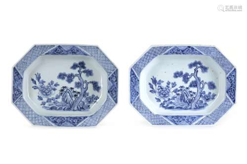 A PAIR OF CHINESE BLUE AND WHITE OCTAGONAL PLATTERS, 18TH CE...