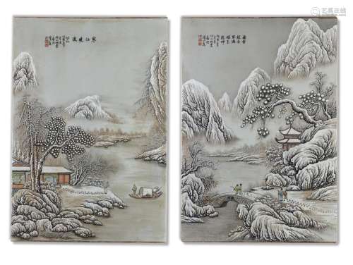A LARGE CHINESE ENAMELED 'SNOWSCENE' PLAQUES, 20TH CENTURY