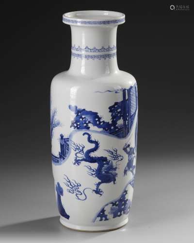 A CHINESE BLUE AND WHITE ROULEAU VASE, QING DYNASTY (1644-19...
