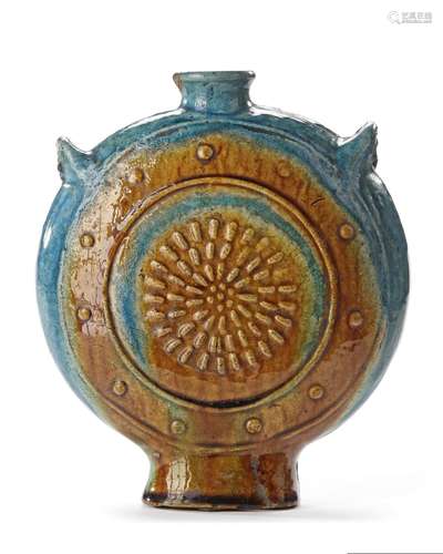 A CHINESE TURQUOISE AND OCHRE GLAZED MOON FLASK, MING DYNAST...