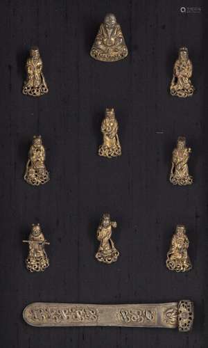 A SET OF CHINESE GILT SILVER 'IMMORTALS' FIGURES AND A HAIRP...