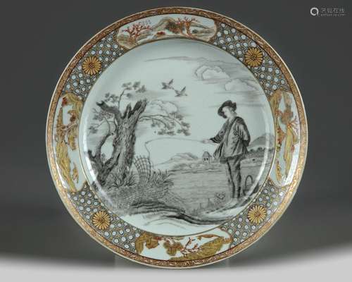 A CHINESE EN GRISAILLE AND GILT-DECORATED 'FISHERMAN' DISH, ...