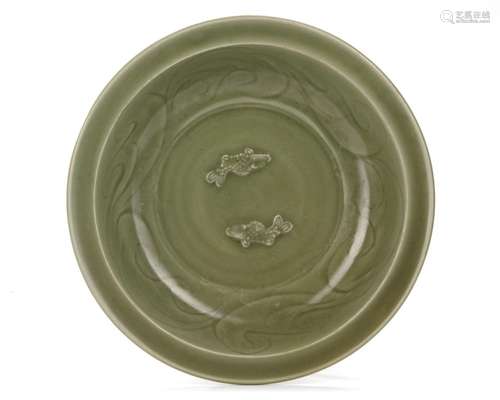 A CHINESE LONGQUAN CELADON TWIN FISH DISH, YUAN DYNASTY (127...