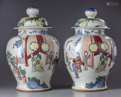 A LARGE PAIR OF CHINESE WUCAI VASES WITH COVERS, 19TH-EARLY ...