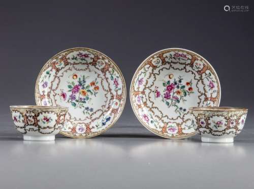 TWO PAIRS OF CHINESE FAMILLE ROSE AND GILT CUPS AND SAUCERS,...