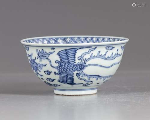 A CHINESE BLUE AND WHITE 'PHOENIX' BOWL, QING DYNASTY (1644-...