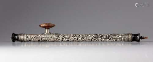 A CHINESE BONE AND SILVER PLATED CARVED OPIUM PIPE, 20TH CEN...