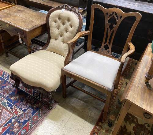 A Victorian mahogany spoon back nursing chair and a George I...