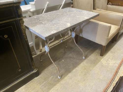 A rectangular marble topped wrought iron garden table, width...