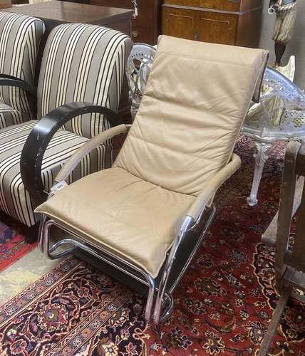 A contemporary brown leather and chrome rocking chair, width...