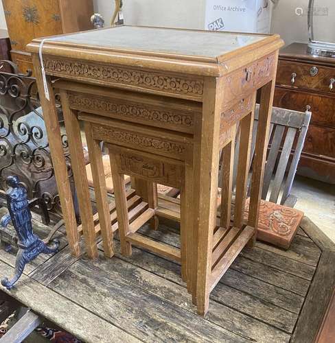 A quartetto of Chinese carved hardwood tables, width 50cm, d...