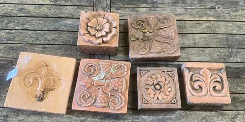 Six terracotta tiles / bricks, largest 2 x 22cm