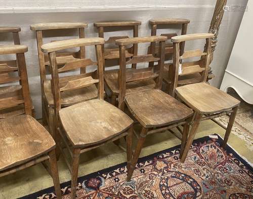 A set of ten elm and beech chapel chairs, width 37cm, depth ...