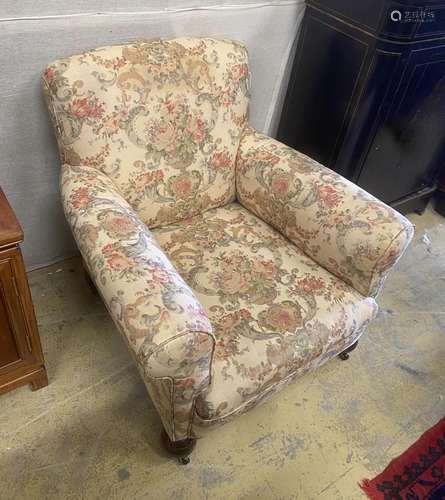 A pair of early 20th century upholstered armchairs, width 82...