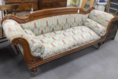 An early Victorian mahogany upholstered scroll arm settee, l...