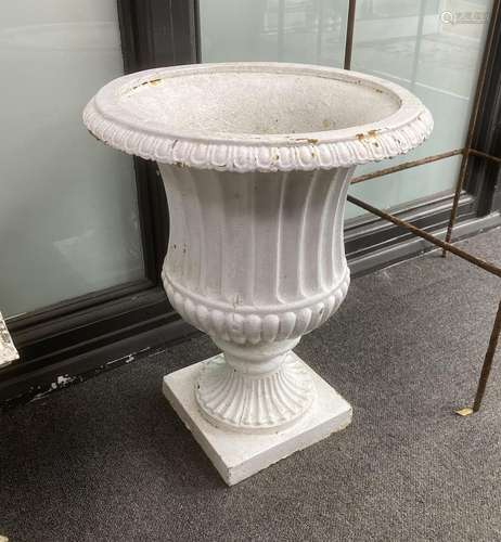 A pair of Victorian cast iron campana garden urns, diameter ...