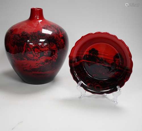 A Royal Doulton Flambe vase and bowl, the largest 22cm high