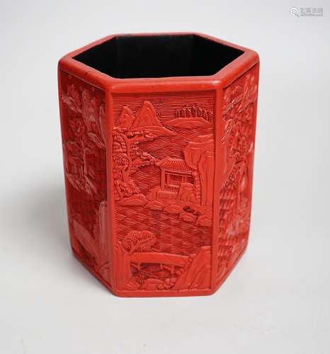 A Chinese cinnabar lacquer hexagonal brushpot, 14.5cm high P...