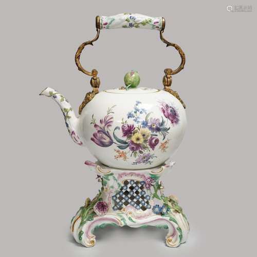 A mid 18th century Meissen teapot on a later Dresden stand w...