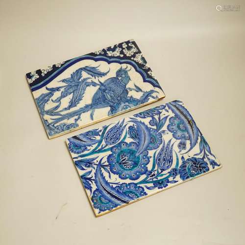 Two Turkish Iznik blue and white tiles, 24cm x 16.4cm