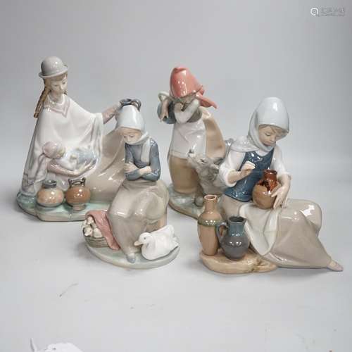 Four Lladro models, a girl potter, girl with ducks, mother a...