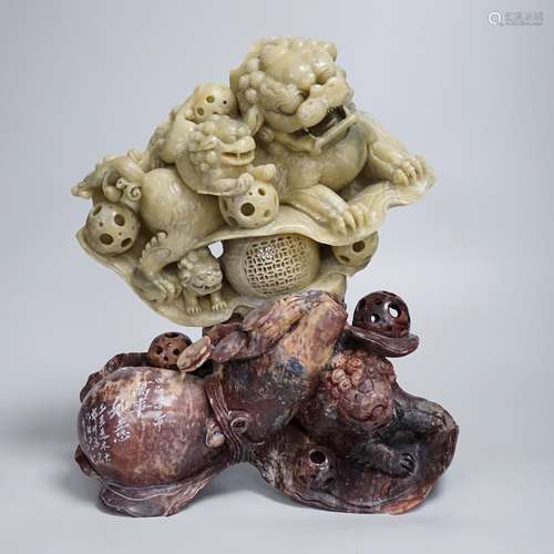 A Chinese soapstone sculpture of a lion dog group, 31.5cm hi...