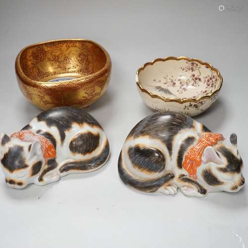 Japanese ceramics comprising pair of cats, satsuma bowl and ...