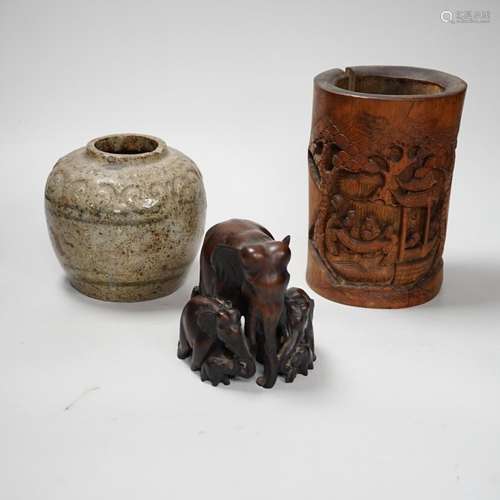 Assorted Chinese items including carved bamboo brush pot and...